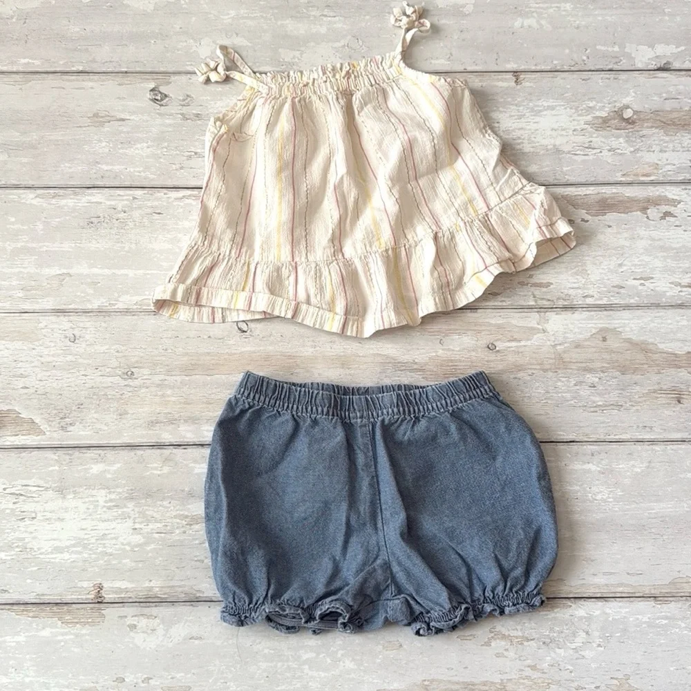 Oshkosh 12m Baby Girl Shmmer Outfit Tabk Top Denim Blue Shorts Kids Set